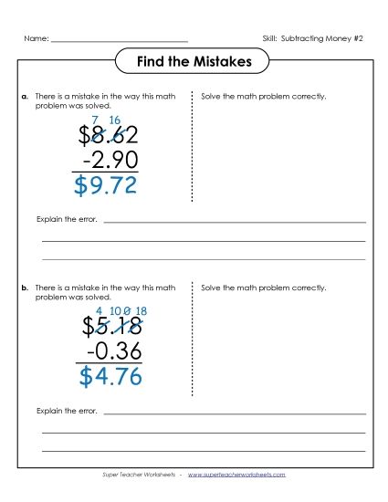 Subtracting Money Worksheets - Find the Mistakes (Version 2) (Printable PDF Worksheet)