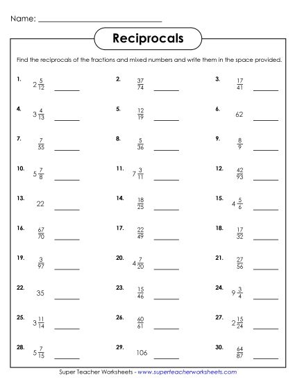 Find the Reciprocals (Printable PDF Worksheet)