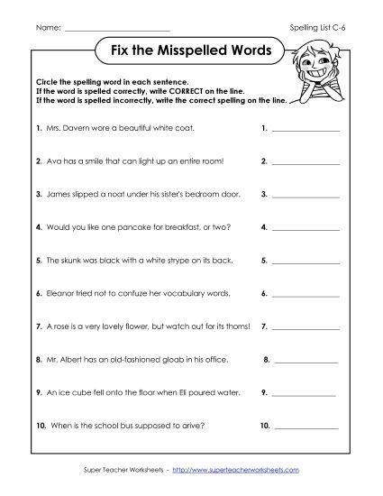 Worksheets - Find the Spelling Errors (C-6) (Printable PDF Worksheet)