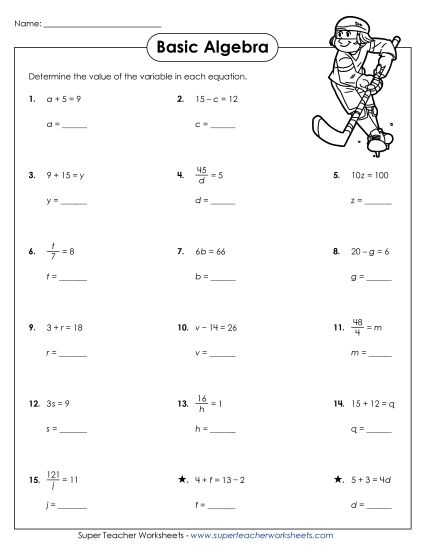 Addition, Subtraction, Multiplication & Division - Find the Values of Variables in Equations (Printable PDF Worksheet)