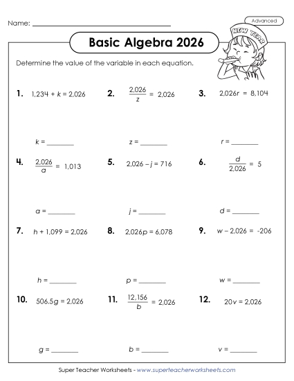 New Year Math - Find the Variable 2026 (Advanced) (Printable PDF Worksheet)