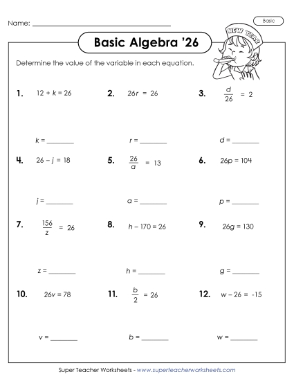 New Year Math - Find the Variable '26 (Basic) (Printable PDF Worksheet)