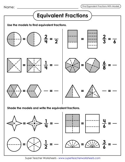 Equivalent Fractions - Finding Equivalent Fractions (Models) (Printable PDF Worksheet)