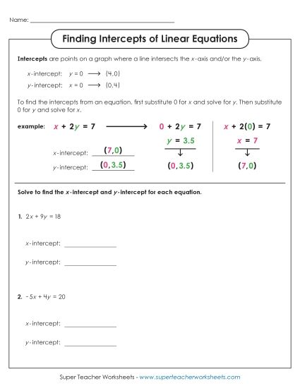 Finding Intercepts of Linear Equations (Printable PDF Worksheet)