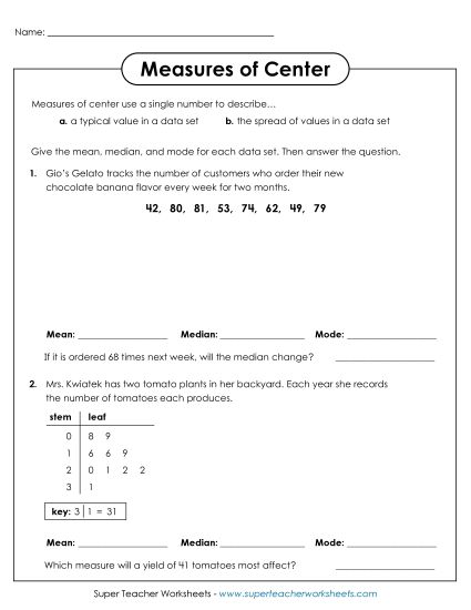 Measures of Center Only - Finding Measures of Center Activity (Printable PDF Worksheet)