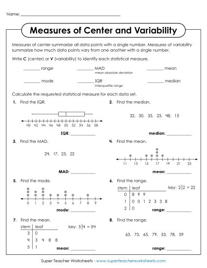 Measures of Center and Variability - Finding Measures of Center and Variability (Printable PDF Worksheet)