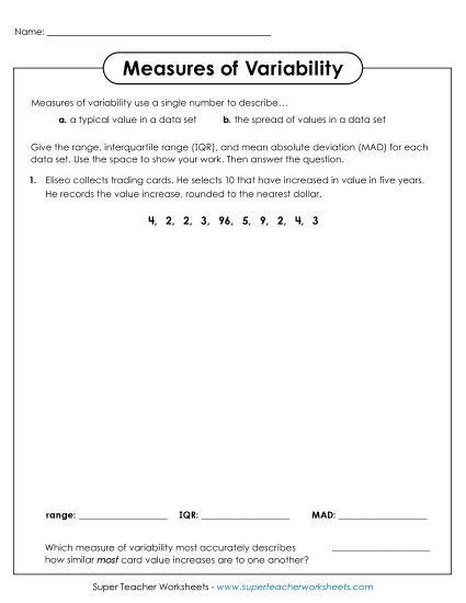 Measures of Center and Variability - Finding Measures of Variability  (Printable PDF Worksheet)