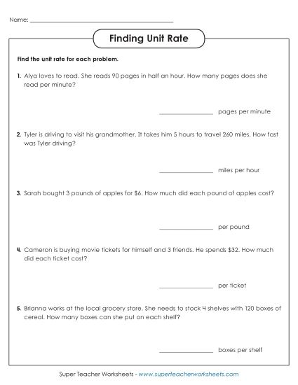 Finding & Comparing Unit Rates - Finding Unit Rate (Basic) (Printable PDF Worksheet)