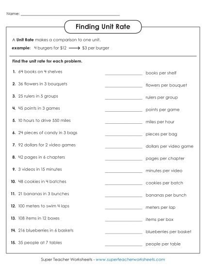 Finding & Comparing Unit Rates - Finding Unit Rate (Printable PDF Worksheet)