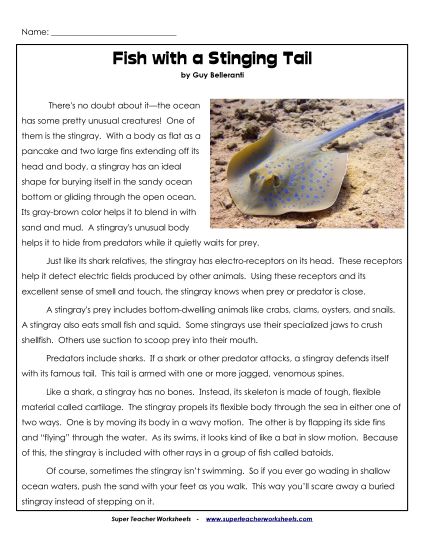 Nonfiction Articles - Fish with a Stinging Tail (Printable PDF Worksheet)
