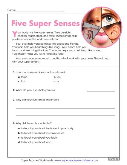 Short Passages - Five Super Senses (Nonfiction) (Printable PDF Worksheet)