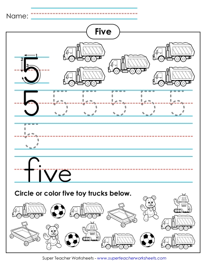 Number Five - Five: Trace, Print, Count (Printable PDF Worksheet)