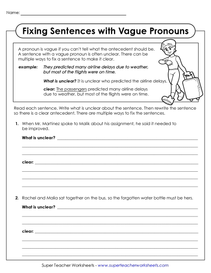 Vague Pronouns - Fix Sentences with Vague Pronouns (Printable PDF Worksheet)