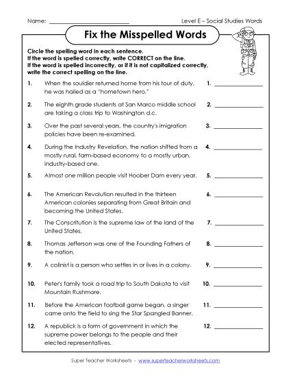 Worksheets and Activities  - Fix the Misspelled Words  (Printable PDF Worksheet)