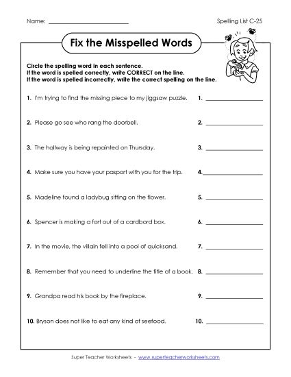 Worksheets - Fix the Misspelled Words (C-25)  (Printable PDF Worksheet)