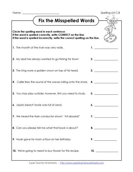 Worksheets - Fix the Misspelled Words (C-8) (Printable PDF Worksheet)