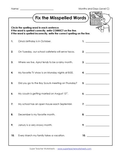 Worksheets and Activities - Fix the Misspelled Words (C-Months and Days)  (Printable PDF Worksheet)