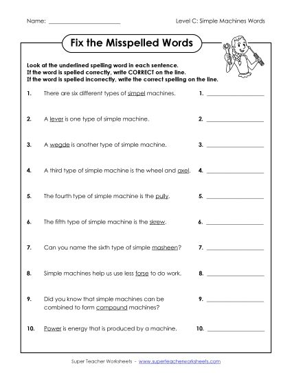Worksheets and Activities - Fix the Misspelled Words (C-Simple Machines Words)  (Printable PDF Worksheet)