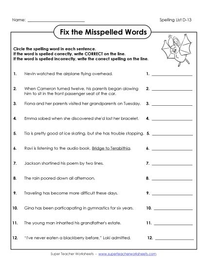 Worksheets - Fix the Misspelled Words (D-13) (Printable PDF Worksheet)