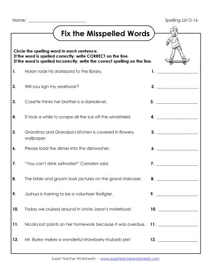 Worksheets - Fix the Misspelled Words (D-16) (Printable PDF Worksheet)