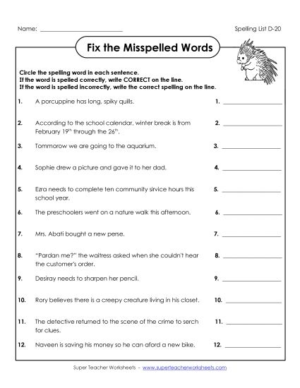 Worksheets - Fix the Misspelled Words (D-20) (Printable PDF Worksheet)