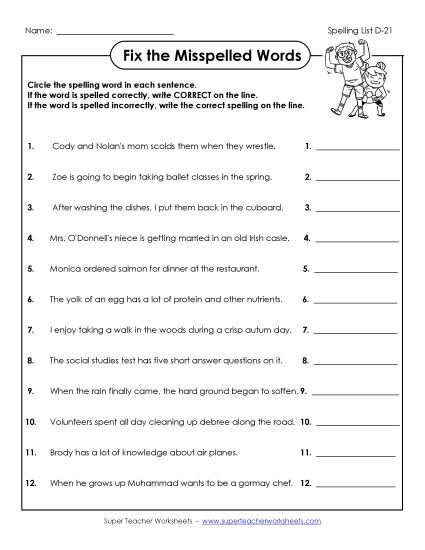 Worksheets - Fix the Misspelled Words (D-21) (Printable PDF Worksheet)
