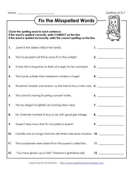 Worksheets - Fix the Misspelled Words (D-7) (Printable PDF Worksheet)