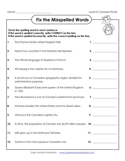 Worksheets and Activities - Fix the Misspelled Words (D-Canada Words)  (Printable PDF Worksheet)