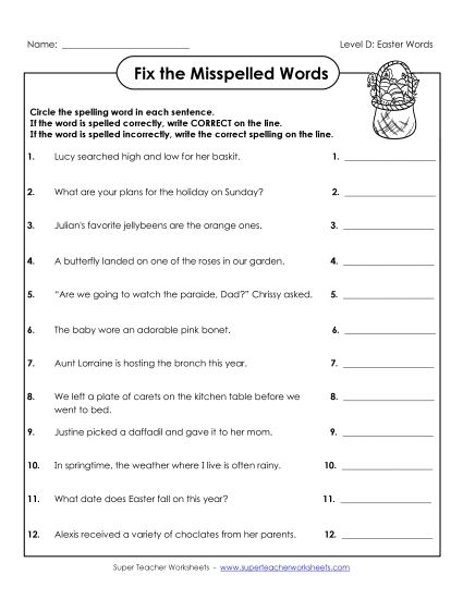 Worksheets - Fix the Misspelled Words (D-Easter)  (Printable PDF Worksheet)