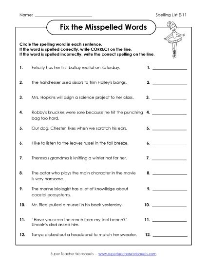 Printable Worksheets - Fix the Misspelled Words (E-11)  (Printable PDF Worksheet)