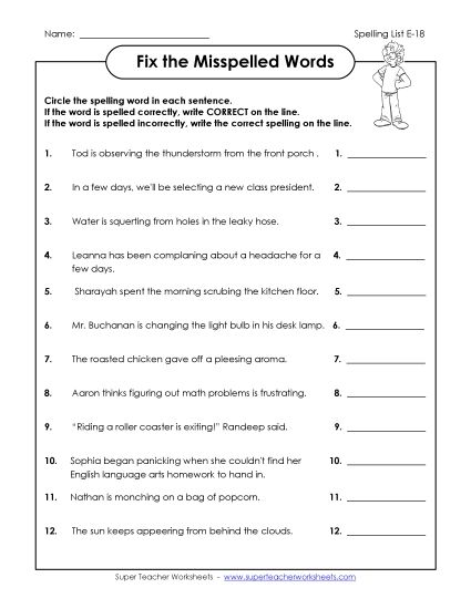 Printable Worksheets - Fix the Misspelled Words (E-18) (Printable PDF Worksheet)
