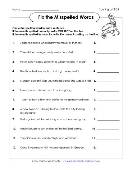Printable Worksheets - Fix the Misspelled Words (E-24) (Printable PDF Worksheet)