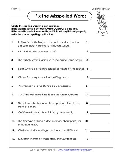 Printable Worksheets - Fix the Misspelled Words (E-27) (Printable PDF Worksheet)