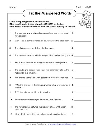 Printable Worksheets - Fix the Misspelled Words (E-29) (Printable PDF Worksheet)