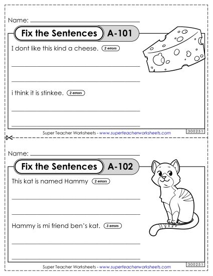 Fix the Sentences A-101 through A-105 (Printable PDF Worksheet)