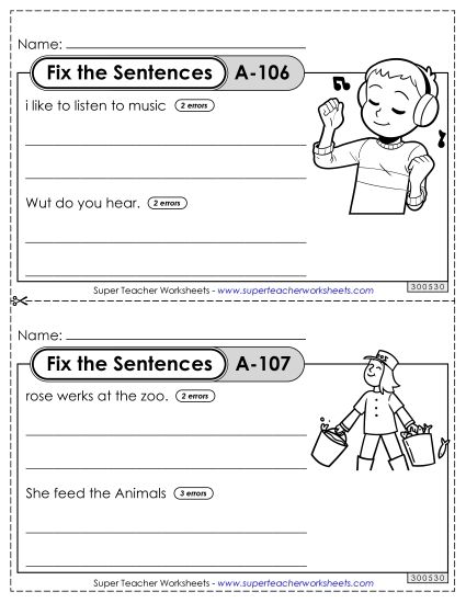 Fix the Sentences A-106 through A-110 (Printable PDF Worksheet)