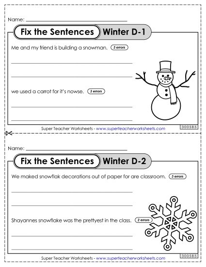 Proofreading - Fix the Sentences Activity: Winter Theme (Level D) (Printable PDF Worksheet)
