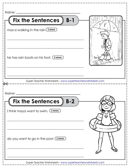 Fix the Sentences B-1 through B-5 (Printable PDF Worksheet)