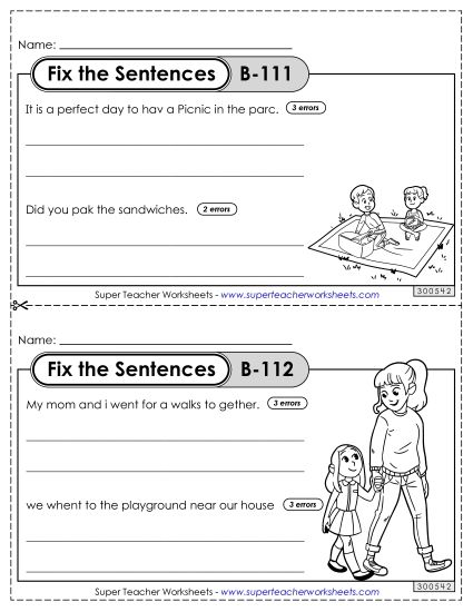 Fix the Sentences B-111 through B-115 (Printable PDF Worksheet)