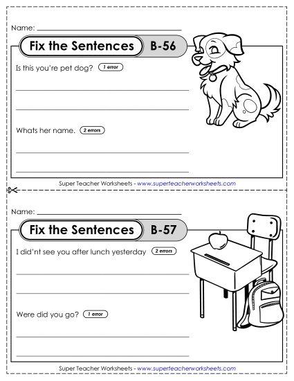 Fix the Sentences B-56 through B-60 (Printable PDF Worksheet)