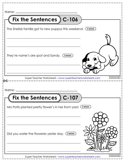 Fix the Sentences C-106 through C-110 (Printable PDF Worksheet)