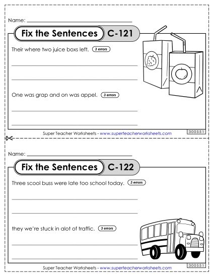 Fix the Sentences C-121 through C-125 (Printable PDF Worksheet)