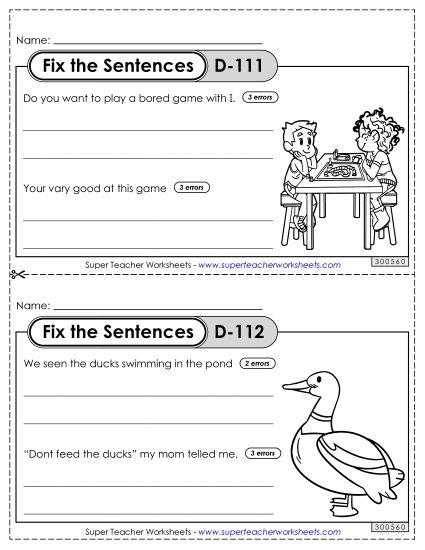 Fix the Sentences D-111 through D-115 (Printable PDF Worksheet)