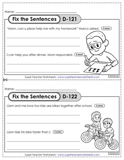 Fix the Sentences D-121 through D-125 (Printable PDF Worksheet)