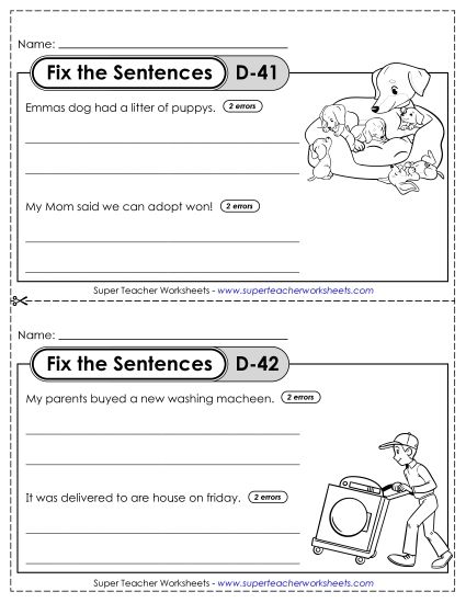 Fix the Sentences D-41 through D-45 (Printable PDF Worksheet)