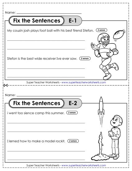 Fix the Sentences E-1 through E-5 (Printable PDF Worksheet)