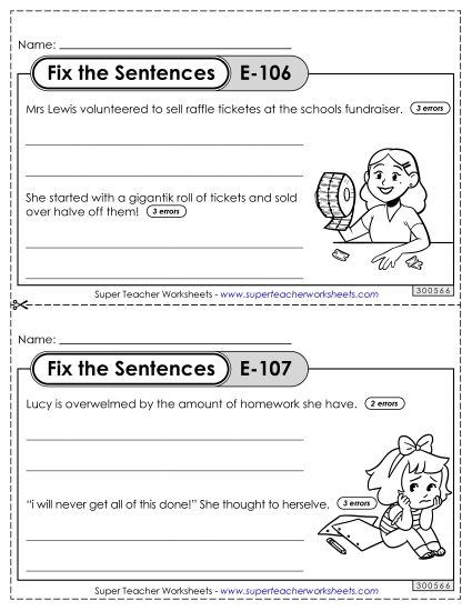 Fix the Sentences E-106 through E-110 (Printable PDF Worksheet)