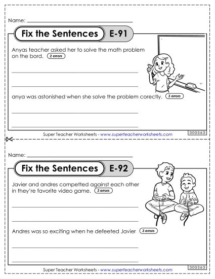 Fix the Sentences E-91 through E-95 (Printable PDF Worksheet)