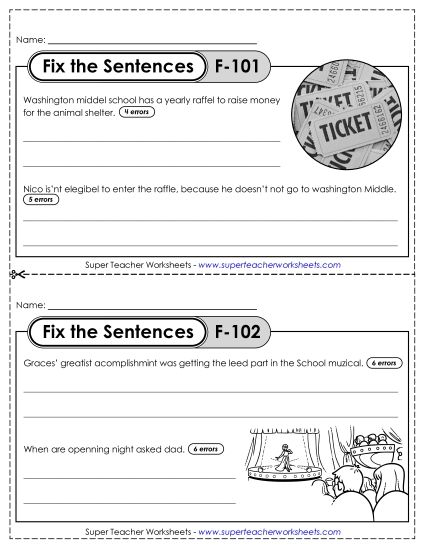 Fix the Sentences F-101 through F-105 (Printable PDF Worksheet)