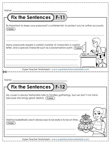 Fix the Sentences F-11 through F-15 (Printable PDF Worksheet)